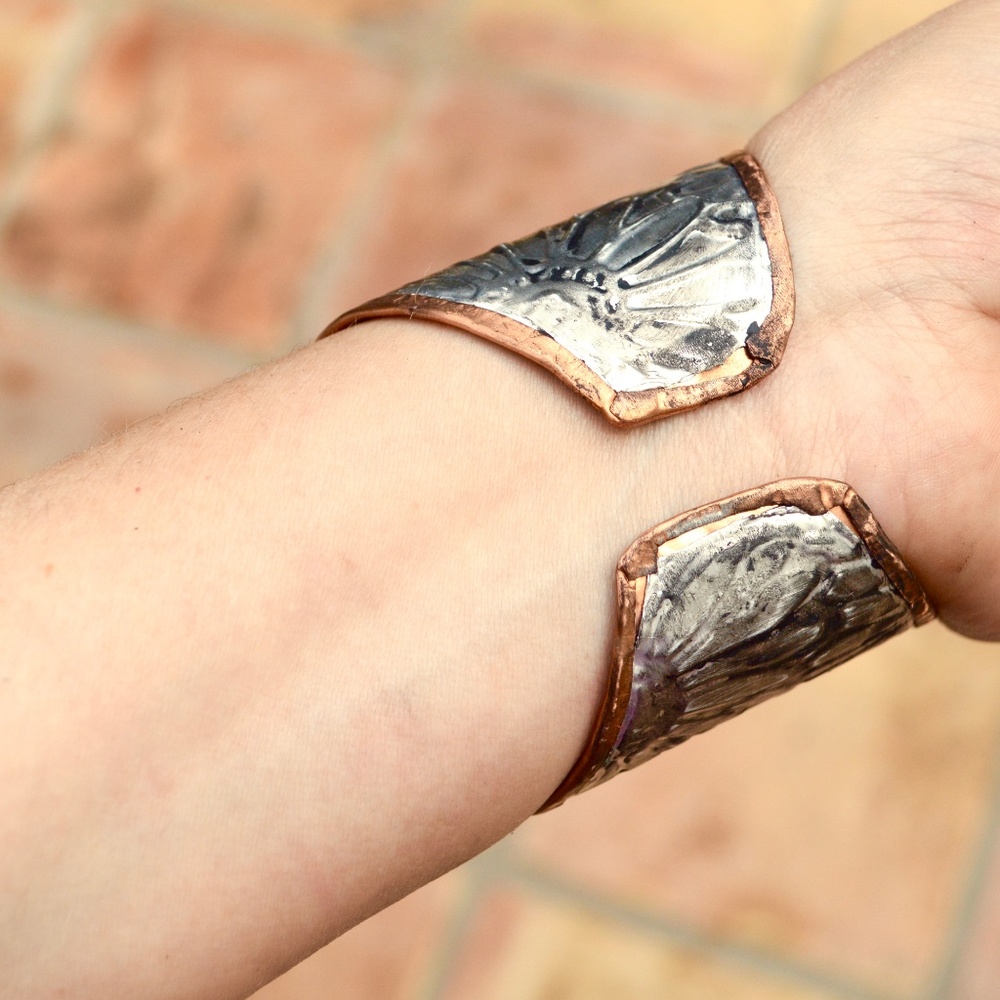 Sunflower Wide Cuff Solid Copper Silver Bracelet Boho Rustic Gladiator Spartan - Picture 8 of 14